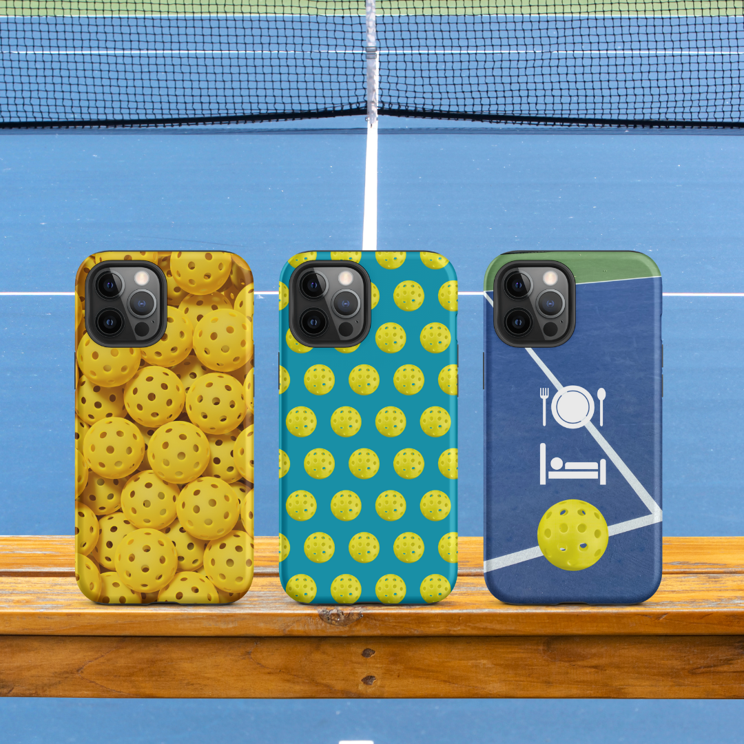 Pickleball phone case designs, multiple colors, 3D sports, assorted styles