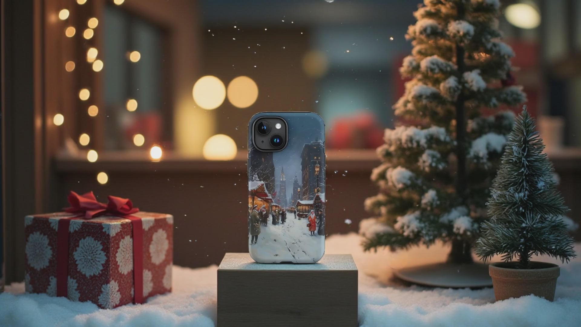 Load video: Cinematic fall phone case video featuring a candy-corn design by Ninja Level Designs. Candy corn pieces rise and burst in the air with glowing orange light, revealing the Halloween-themed phone case on a rustic wooden table.