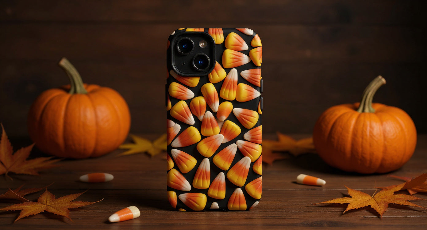 Load video: Cinematic fall phone case video featuring a candy-corn design by Ninja Level Designs. Candy corn pieces rise and burst in the air with glowing orange light, revealing the Halloween-themed phone case on a rustic wooden table.